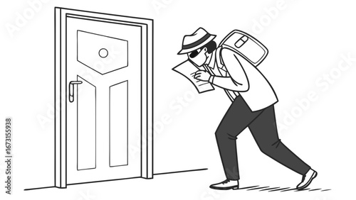 Stealthy spy or detective examining a secret document near a closed door. Espionage, investigation, and mystery concept illustration.