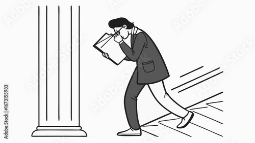 Focused professional reading document intently while walking past a classical column, symbolizing law, business, or research