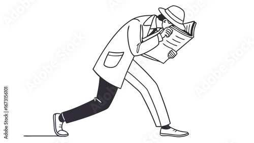 Line art illustration of a focused detective examining a document. Investigator in trench coat and hat, searching for clues. Mystery, research, inf...