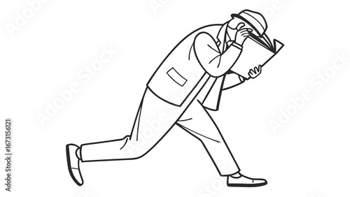Line art of person in hat intently examining document, symbolizing investigation or discovery