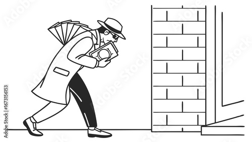 Man in fedora and trench coat with stack of books, reading document while walking past a wall illustration