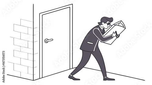 Secretive man observing from behind newspaper, peeking around corner, surveillance concept illustration in line art
