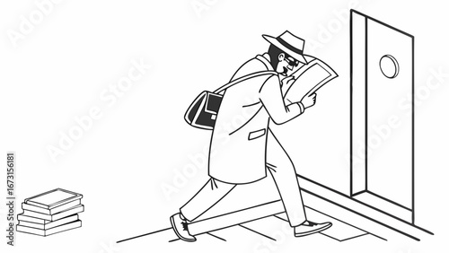 Man in trench coat peeking through door. Secret investigation and observation concept. Black and white line art.
