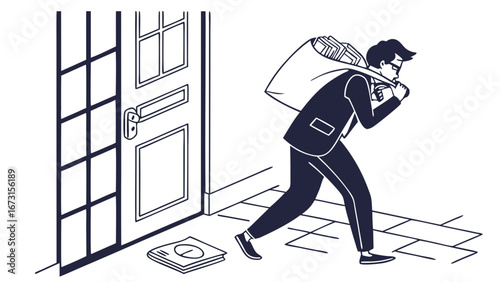 Thief Stealing Package from Doorstep. Burglar Carrying Stolen Goods Sack. Home Security, Crime, and Delivery Theft Illustration.