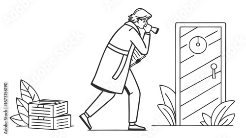 Secret agent in trench coat observing a mysterious door with binoculars, investigation concept