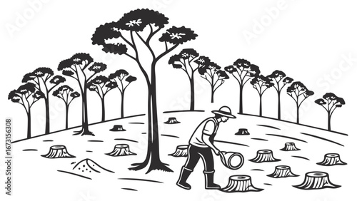 Reforestation illustration: Person planting a tree among many stumps, symbolizing environmental restoration and sustainability.