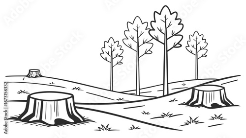 Deforestation landscape line art with tree stumps and remaining trees on hills, illustrating environmental impact and logging.