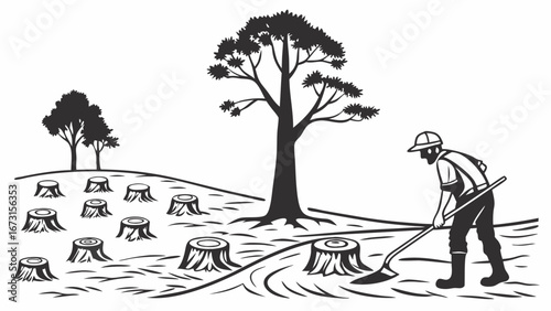 Reforestation effort: Worker planting tree in deforested landscape with stumps. Environmental conservation, logging impact illustration.