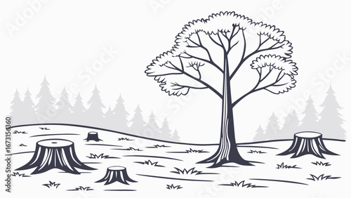 Deforestation: Lone tree and stumps in a clear-cut forest. Environmental impact illustration of forest destruction.