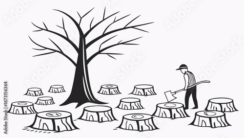 Deforestation illustration with a single tree surrounded by many stumps, symbolizing environmental destruction and logging impact