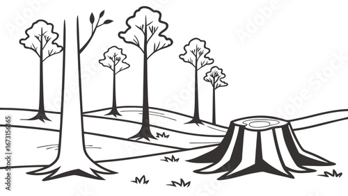 Deforestation Concept: Tree Stump in Forest Landscape, Environmental Impact Line Art Illustration