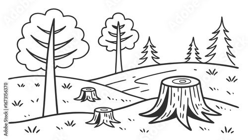 Line art illustration of a forest with tree stumps, representing deforestation and environmental impact.