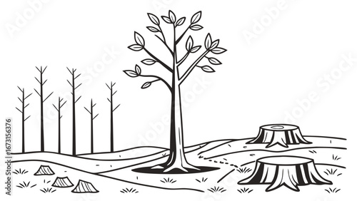 Deforestation and environmental impact illustration with healthy tree, stumps, and dead trees, symbolizing nature's decline