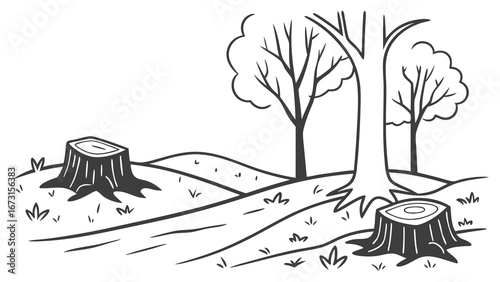 Hand-drawn illustration of deforestation with tree stumps and bare trees in a hilly landscape. Environmental damage and logging concept.