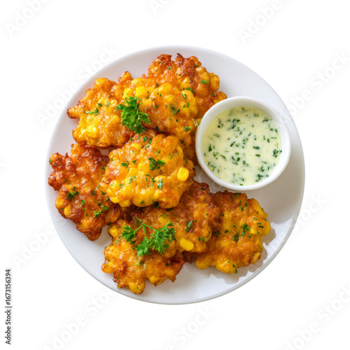 Delicious Corn Fritters with Creamy Dip - Overhead Shot