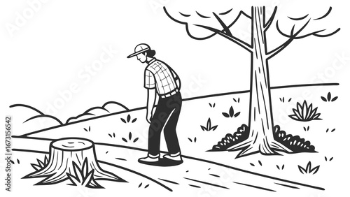 Disheartened person contemplating tree stump, symbolizing deforestation and environmental loss