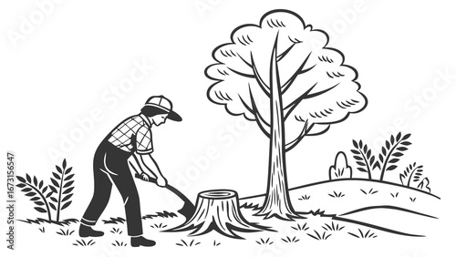 Hand-drawn illustration of a woodcutter with an axe next to a tree stump, representing deforestation and human impact on nature.