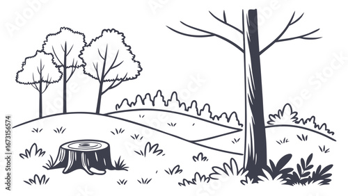 Hand-drawn nature landscape with tree stump, rolling hills, and forest trees. Black and white line art illustration.