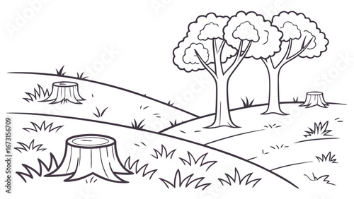 Black and white illustration of deforestation showing tree stumps and remaining trees on a hilly landscape