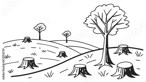 Deforestation landscape illustration with cut tree stumps and remaining trees on hills. Environmental destruction, nature loss, and forest impact c...
