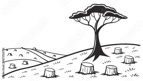 Deforestation illustration: Lone tree surrounded by cut tree stumps, symbolizing environmental impact and logging consequences.