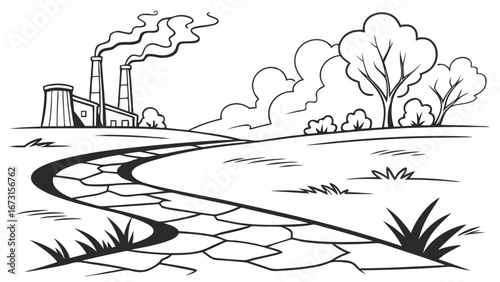 Environmental Contrast: Path to Smoking Factory and Green Nature Illustration