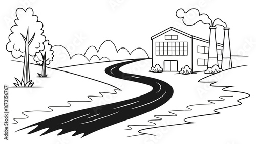 Industrial factory building with smoking chimneys and a winding road. Black and white line art illustration of a manufacturing plant.