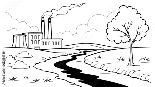 Industrial pollution landscape with factory, smoking chimneys, and dark river, black and white line drawing