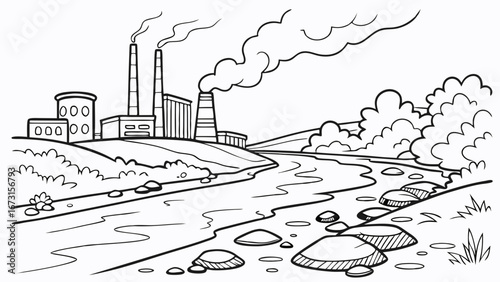 Industrial Factory Emitting Smoke into Air and River. Environmental Pollution Concept. Black and White Line Art Illustration
