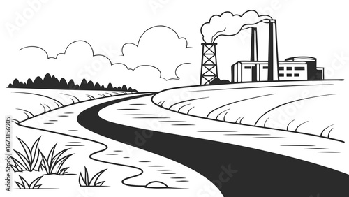 Industrial factory with smoking chimney by a winding river. Environmental pollution, industry impact, black and white line art illustration.