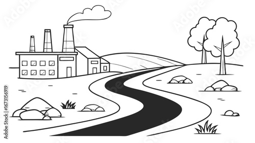 Industrial factory landscape outline with smoking chimneys and winding road