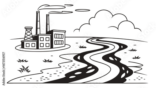 Industrial Factory Pollution Vector Illustration: Smoking Chimneys and Polluted River, Environmental Damage Concept