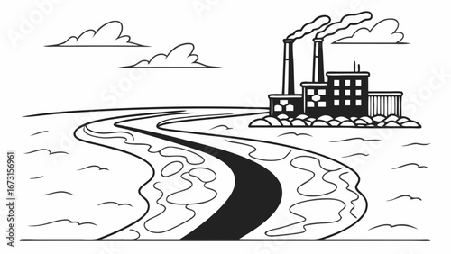 Industrial factory polluting river with smoke and waste. Environmental damage and ecological crisis concept illustration.