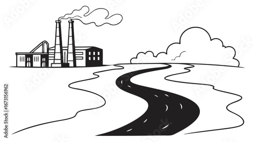Hand-drawn factory emitting smoke from chimneys with a winding road leading to industrial area, black and white sketch