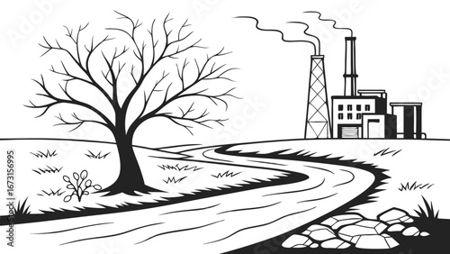 Industrial factory with smoking chimneys, bare tree, and winding river in monochrome illustration, environmental pollution concept