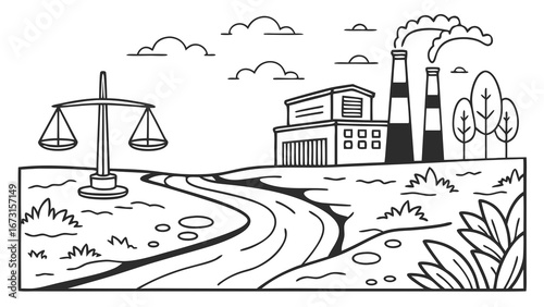 Industrial Development vs. Nature Balance: Factory, trees, river, and justice scales outline. Environmental law and sustainability concept.