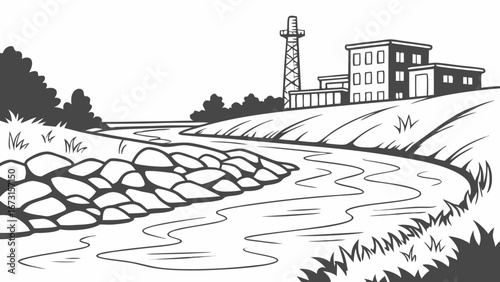 Industrial building and tower by a winding river, black and white cartoon illustration. Nature and factory landscape line art.