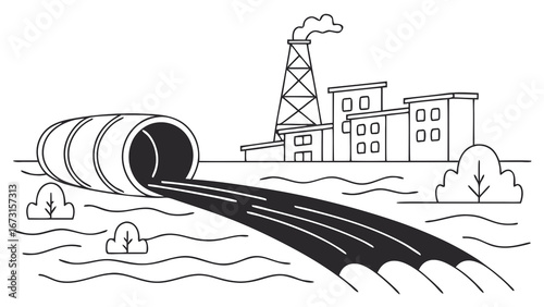 Industrial water pollution from factory. Toxic waste discharge into water, environmental damage concept. Ecology crisis line illustration.