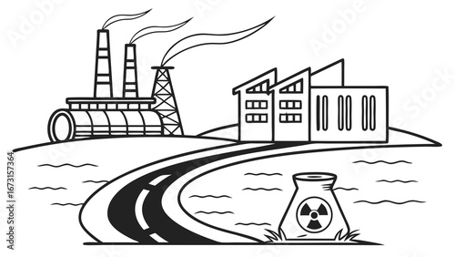 Industrial pollution landscape with factories, smoke, and hazardous waste. Environmental impact concept, black and white line art.
