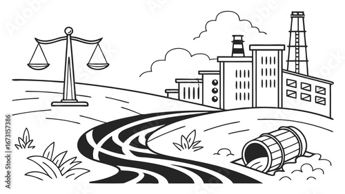 Industrial Pollution and Environmental Justice Concept with Factory, Polluted River, and Scales of Balance