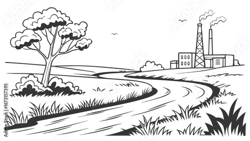 Winding road through rural landscape leading to industrial factory with smoking chimneys. Nature and industry contrast line art.
