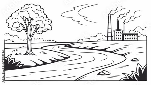 Factory Polluting River Landscape with Tree - Environmental Impact Line Art Drawing