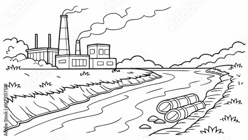 Industrial Factory Polluting River and Air with Smoke and Waste. Environmental Damage Line Art Illustration.