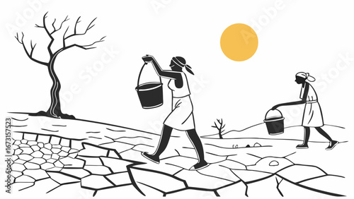 Illustration of women carrying water buckets across dry, cracked land under a hot sun, symbolizing water scarcity and drought