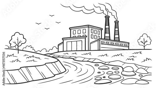 Industrial factory emitting smoke by a river. Line art illustration depicting pollution and ecological concerns.