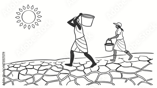 Drought & Water Scarcity: People Carrying Water Across Cracked Dry Land Under Scorching Sun