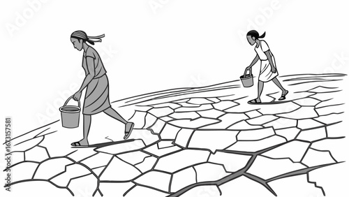 Women carrying water across parched, cracked earth in drought-stricken land, symbolizing water scarcity
