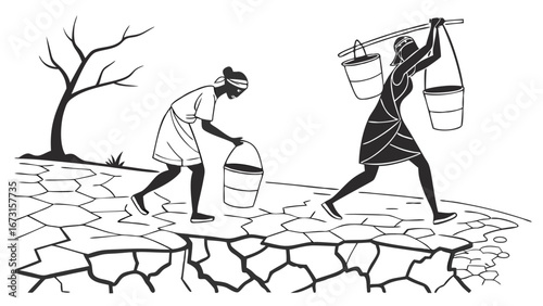 Drought and Water Scarcity: Women Carrying Buckets on Cracked Earth Illustration