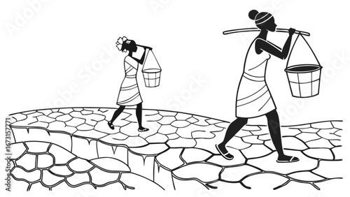 Women carrying water over cracked dry land, symbolizing water scarcity, drought, and the global water crisis. Arid environment illustration.