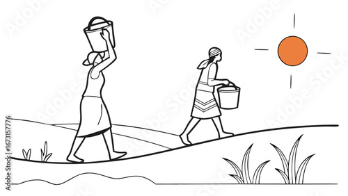 Rural women carrying water buckets on a path under a bright sun. Daily life, water collection, and scarcity concept.